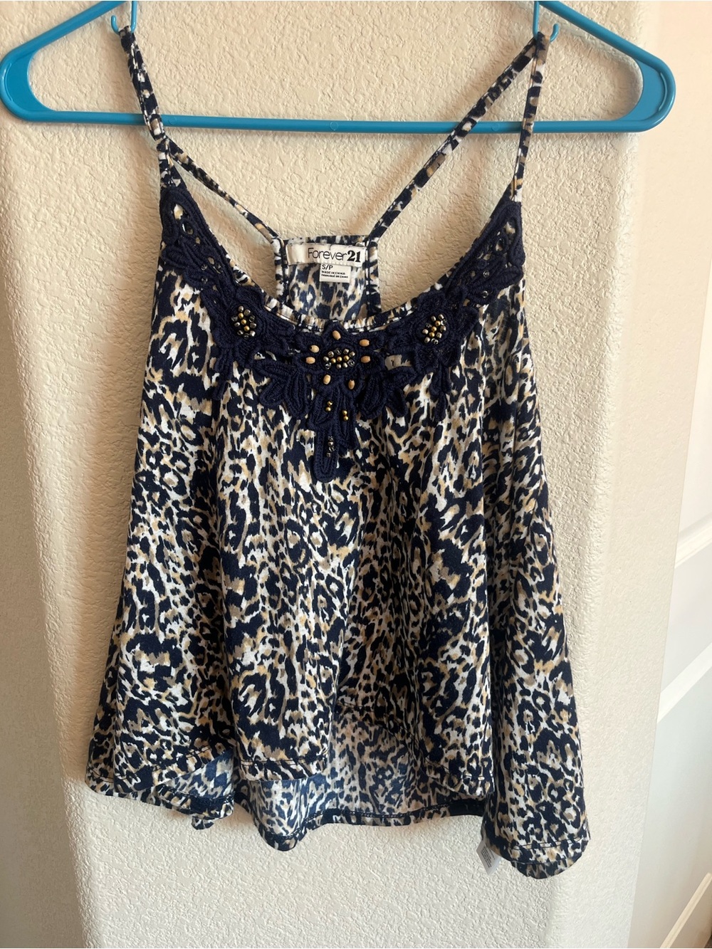 Forever 21 Navy and Cream Leopard-Print Crochet-Trim Cami Top